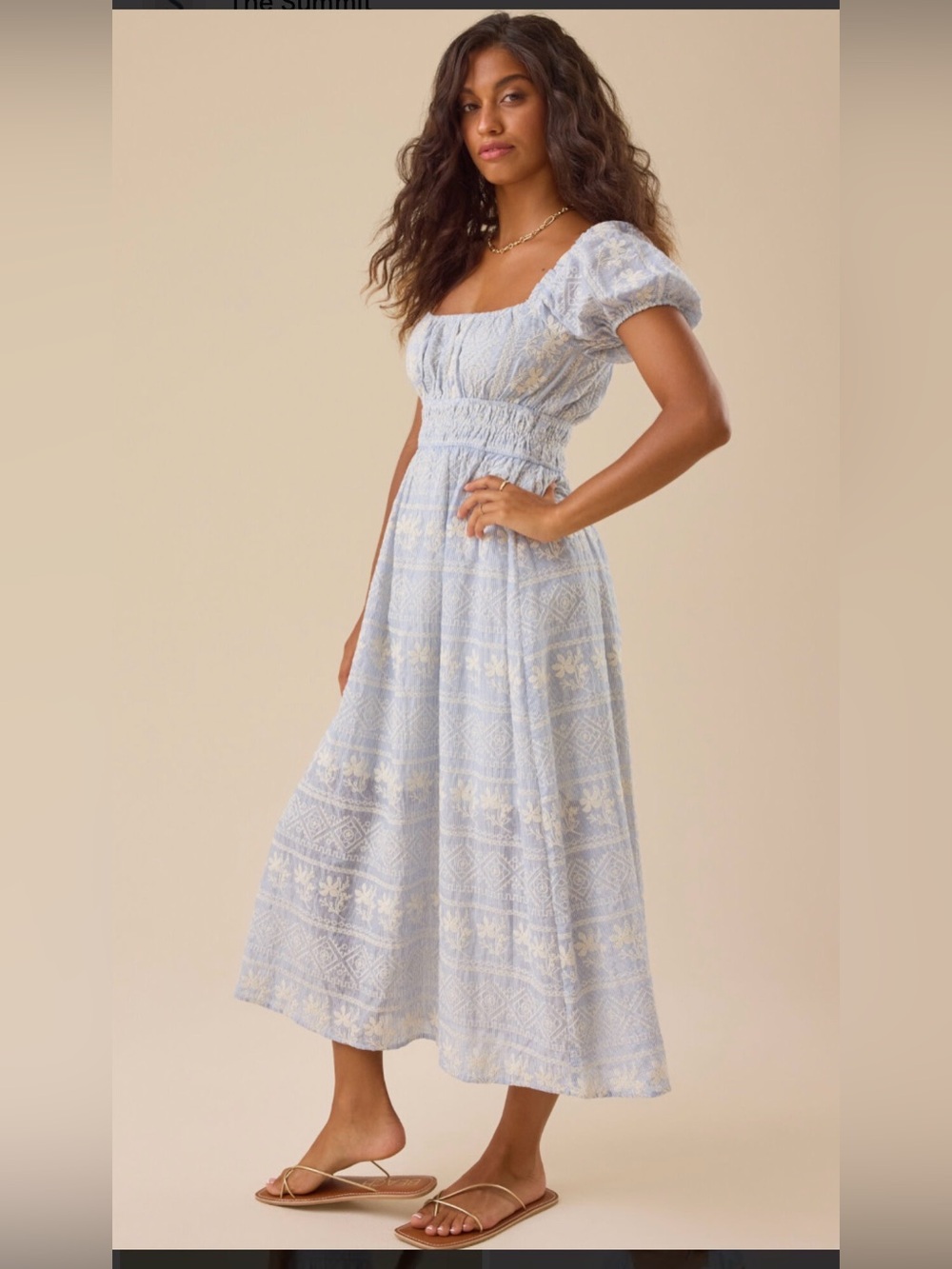 Smocked Waist Light Blue Maxi Dress with Puff Sleeves